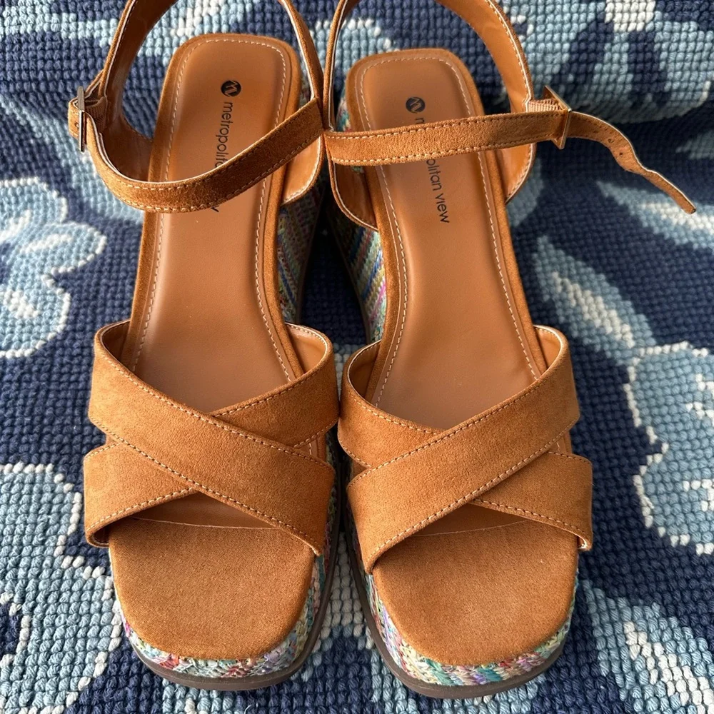 Metropolitan View Tan Wedge Sandals Boho Woven Platform Ankle Strap